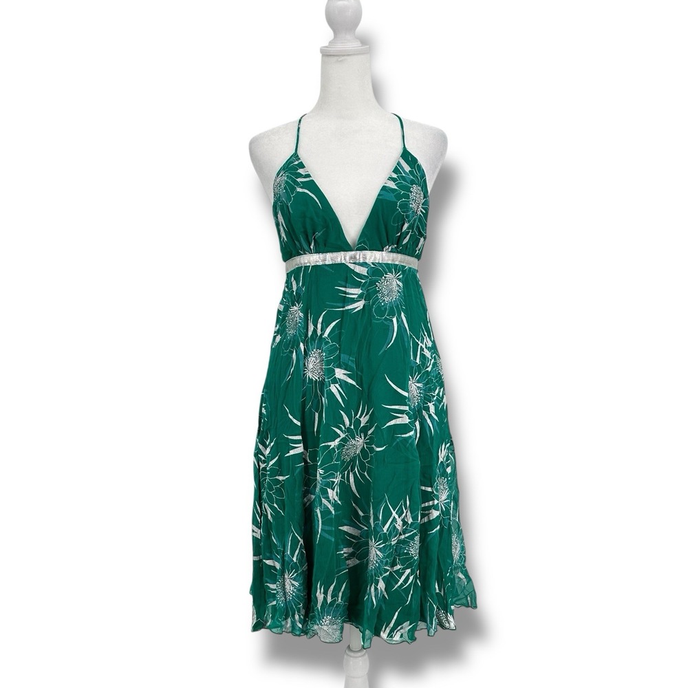 Marciano Green Silk‎ Halter Empire Waist Midi Dress M Boho Chic Resort Vacation